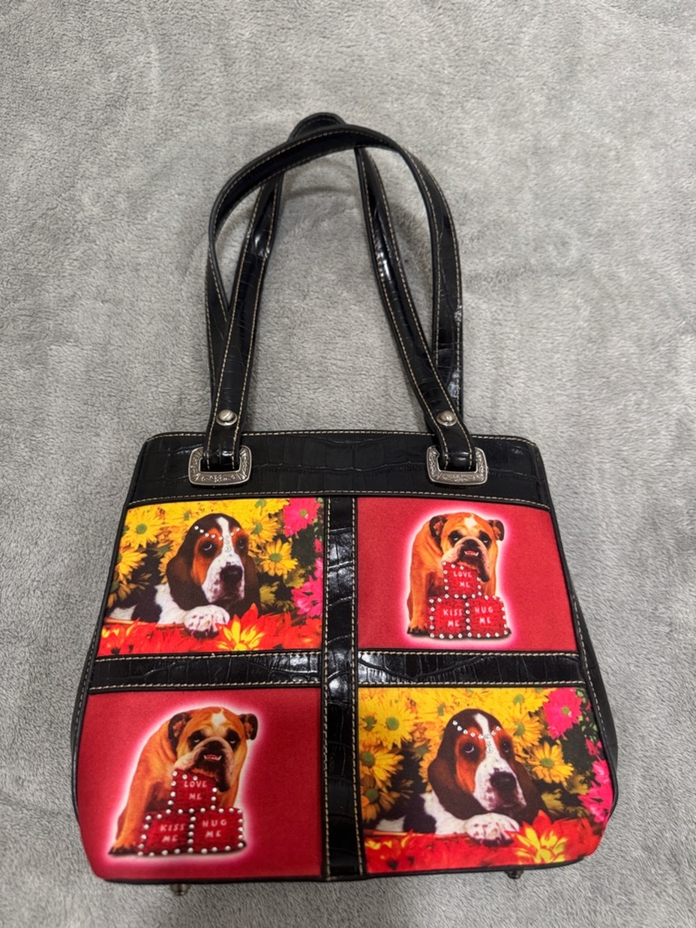 Dog Print Patchwork Tote Bag in Black and Red